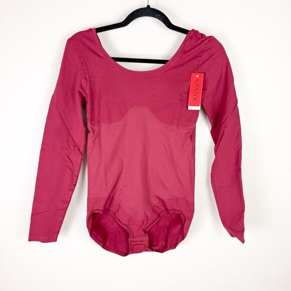 SPANX Tops - Spanx Long Sleeve Bodysuit Womens L Maroon Red Shapewear Smoothing Top NWT
